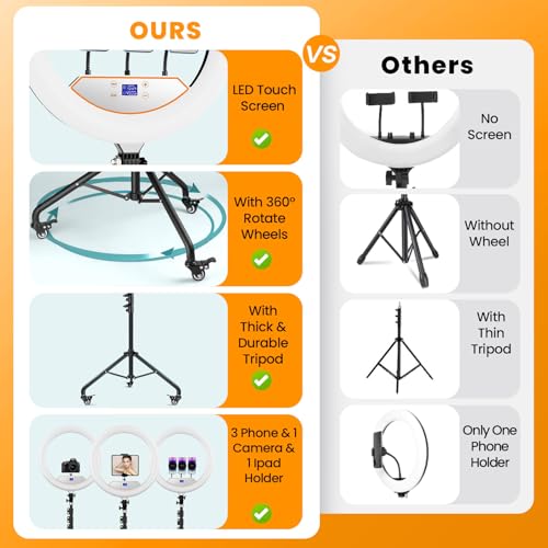 Image of 22 inch Foldable Ring Light with Stand 75 inch Tripod & Lockable Wheel /LED Display, for Live Tattoo Makeup Video Recording Barber Photography