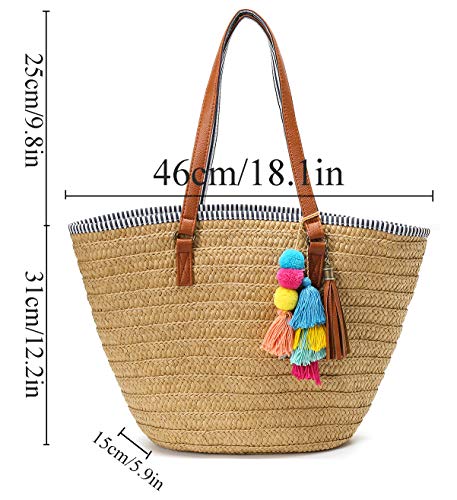 Image of Molodo Straw Bag Round Summer Straw Large Woven Beach Bag Purse For Women Vocation Tote Handbags With Pom Poms
