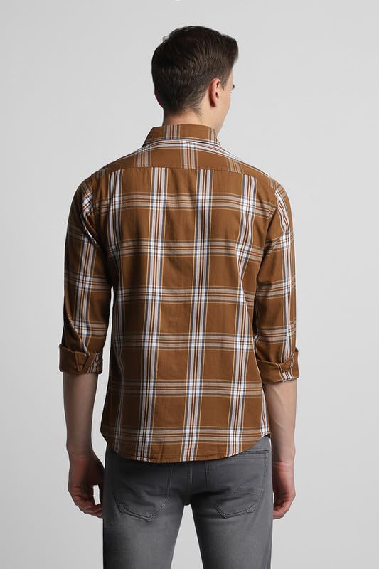 Image of Dennis Lingo Men's Khaki Cotton Casual Shirt, Full Sleeve Slim Fit Spread Collar