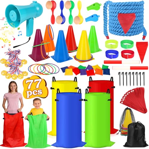 77 Pcs Potato Sack Race Bags 8-in-1 Outdoor Carnival Games for Kids and Adults Bean Bags Ring Toss Tug of War Rope Megaphone Field Day Games for Lawn Backyard School Birthday Family Beach