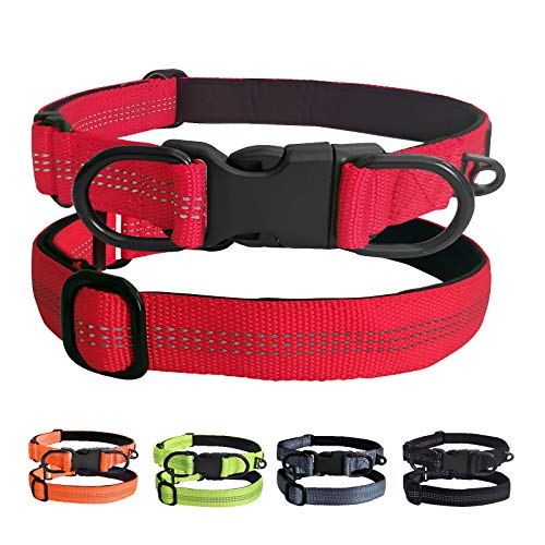 bobipaw Reflective Dog Collar, Adjustable Dog Collar with Quick Release Buckle, Durable Dog Collar with Soft Lining and 2 D-Ring, Red, Green, Orange, Black, Dark Grey(16.9