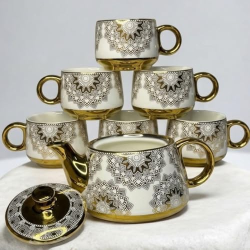 Image of DMRD MART-Porcelain Tea Set with Kettle |Tea Cup Set 7Pc | Aesthetic and Classic Cups Set | Premium Crockery for Home & Gifting with Golden Color Geometric Pattern Design. (Golden Lattice)