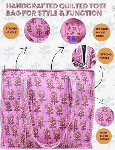 Cotton Quilted Tote Bag for Women – Large Beach & Travel Tote with Zipper, Reusable Grocery Bag4