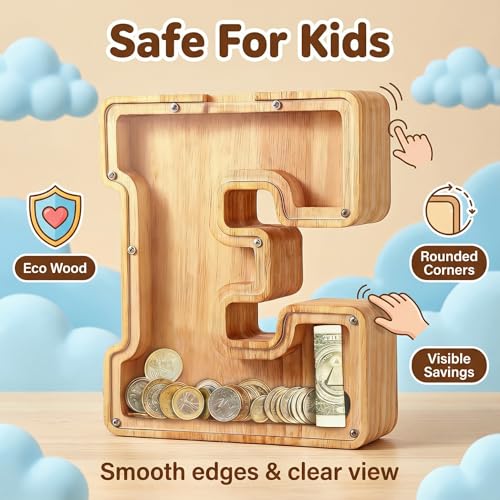 Image of UBeesize Large Piggy Banks for Boys Girls,Twenty-Six English Alphabet,Wooden Personalized Bills and Coins Bank Money Bank,DIY Name Birthday Gift,Bedroom Living Room Decoration(E)