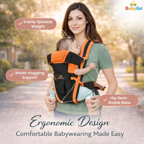 Image of BabyGo Kid Seat Baby Hip Carrier 4-in-1 Adjustable Baby Carrier Cum Kangaroo Bag|Front, Back|for 6 to 24 Months Baby|Newborn to Toddler Carrier|Safety Belt & Buckle Straps|Up to 15 Kgs (Orange)