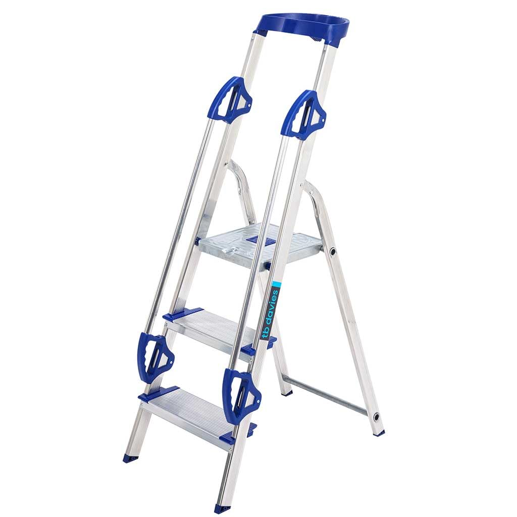 TB Davies 1203-003 Trade Premier XL Step Ladders, 3 Tread, Platform Height 0.6m, Aluminium, Twin Handrails, 10kg Tool Tray, 150kg Work Load, EN131
