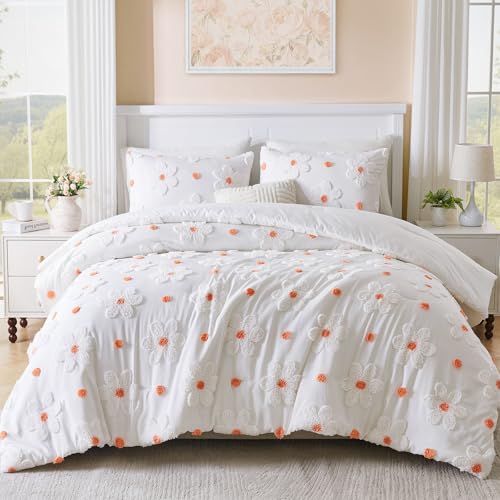 Image of Full Size Comforter Set for Girls Kids 3 Pieces Orange Flowers Bedding Set | CotComf White Comforter Set with Flowers, Bed in A Bag Lightweight Cute Bed Comforter Set for Teen Girls Women