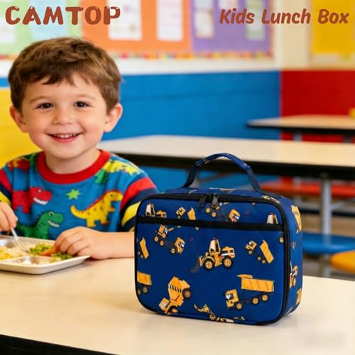 CAMTOP Lunch Box Kids Boys Insulated Lunch Cooler Bag Reusable Lunch Tote Kit for School Travel (Engineering Car Blue)
