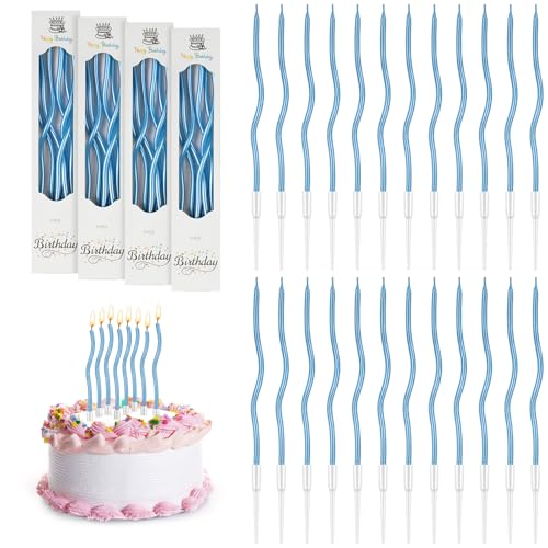 URAQT 24 Velas de Cumpleaños en Espiral, Velas de Cumpleaños en Espiral en Soportes, Velas Metálicas Largas y Delgadas Para Cupcakes Para Cumpleaños, Bodas, Decoración de Fiestas(Azul claro)