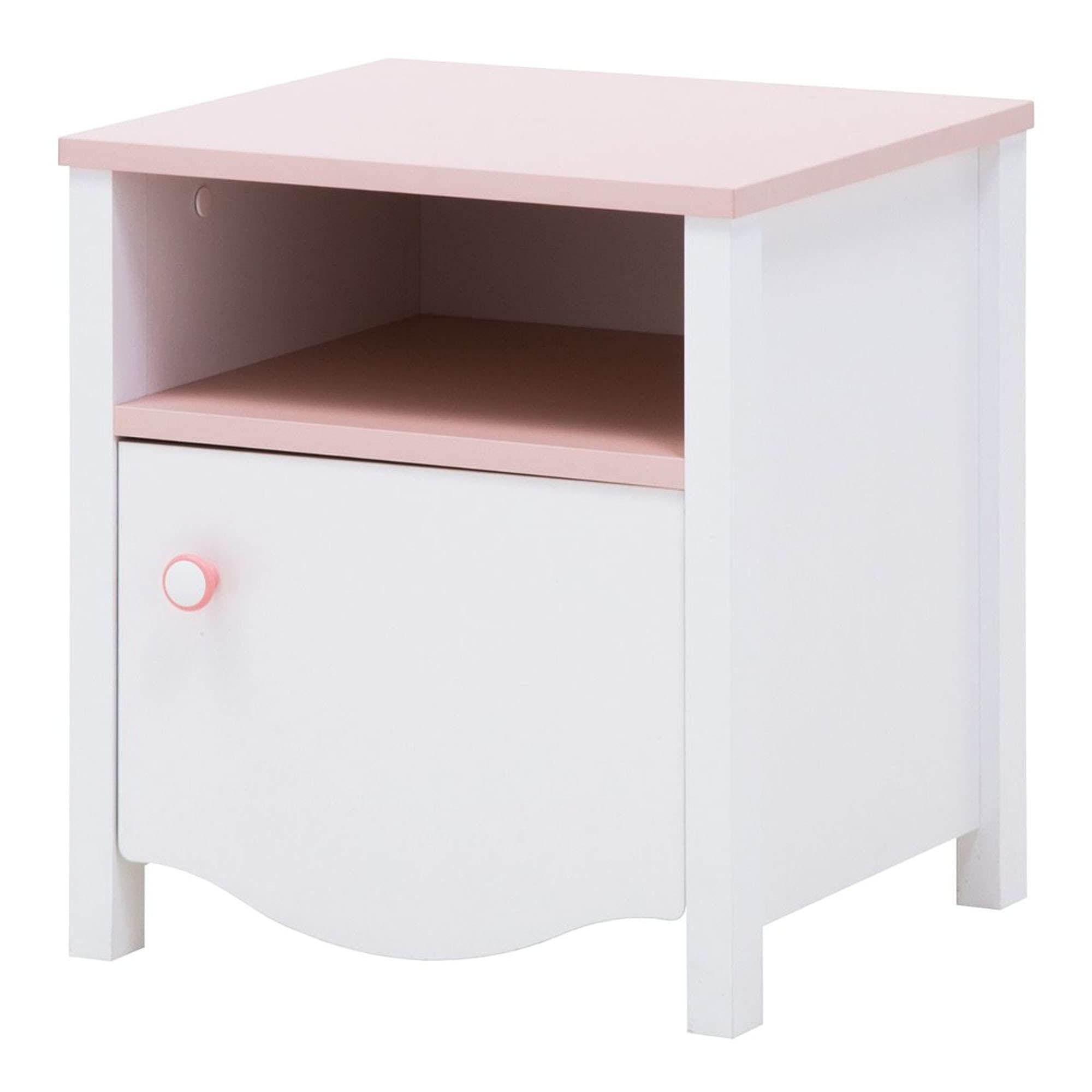 Furniture24 Nachttisch MIA MI07 Nachtschrank Nachtkästchen mit Tür und Schublade Weiß/Rosa Mädchenzimmer Kinderzimmer