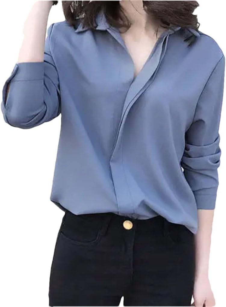 Women's Blouse Long Sleeve Loose Ladies Shirts V-Neck Chiffon Solid Color Shirts