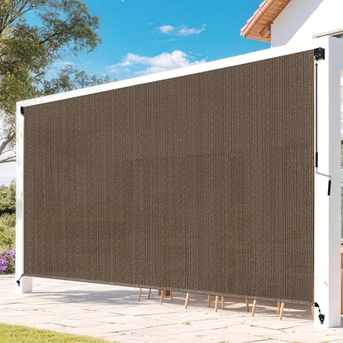 Zephyr Place Outdoor Roller Shades for Patio, 9' W x 8' H Cordless Patio Shades Roll Up Outdoor Blinds with Splicing Design, 90% UV Protection for Porch Gazebo Pergola, Mocha