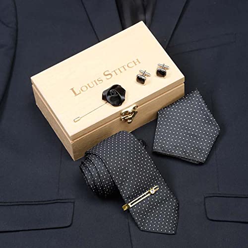 Image of LOUIS STITCH Mens Silk NeckTie Golden Tiepin Gift Combo Set With Pocket Square Cufflinks Brooch Tie Golden Tiepin (Suit Accessories) (Britain)