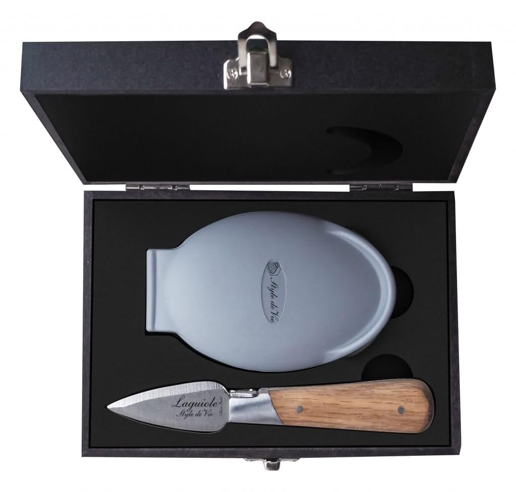 Laguiole Style de Vie Luxury Line Cuchillo para ostras, madera de roble, con soporte para ostras