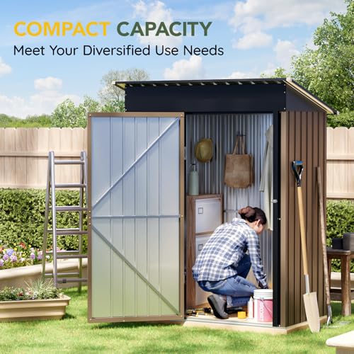 Image of 5x3FT Vertical Outdoor Steel Storage Shed, Lockable Doors, Compact Metal Tool Shed for Garden, Backyard, Patio, Utility, and Bike Storage,Brown