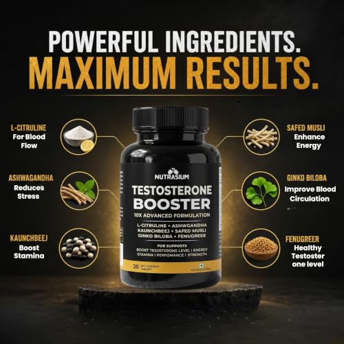 Image of Nutrasium Testosterone Booster Supplement For Men | Testo Booster with Tribulus 1000mg & Ashwagandha 500mg | L-Citrulline & Kaunch Beej | Safed Musli & Ginkgo Biloba | 30 Veg Tablets