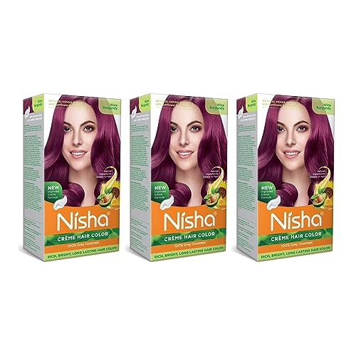 Nisha Creme Hair Color Permanent Hair Dye Color Kit With Improved Creme Formula for 100% Gray Coverage Ammonia Free Hair Color Dye for Rich Bright Long lasting Hair Color - Wine Burgundy (Pack of 3)