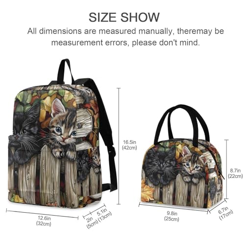 Backpack Lunch Box Set Large Capacity Travel Backpacks and Insulated Lunch Bag for Commute Hiking Picnic Cats on Fence Print2
