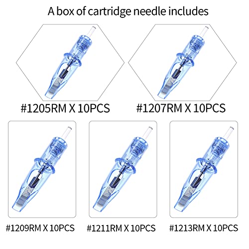 50Pcs Tattoo Needles Standard #1205Rm+07Rm+09Rm+11Rm+13Rm, 10Pcs Of Each Disposable Round Magnum Tattoo Cartridge Needles #TOP1