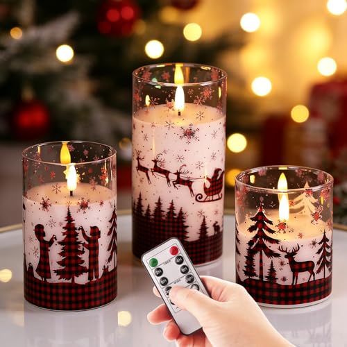 Eywamage Christmas Flameless Pillar Candles with Remote, Red Buffalo Plaid Table Decor, Flickering LED Pillar Candles Set of 3 by Eywamage - Used condition - US$11.50