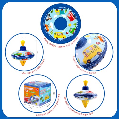 Beeqoo Retro Spinning Top Tin Toy for Kids – Fun Vehicle Classic Toys - Toddler Traditional Spin Tops - Metal Fidget Spinner for Kindergarten – Sensory Gyroscope - Novelty Gifts Party Favors