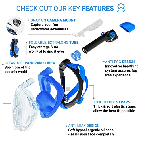 Cozia Design Snorkel Set Adult - Full Face Snorkel Mask And Adjustable Swim Fins For Lap Swimming, 180° Panoramic View Scuba Mask, Anti Fog And Anti Leak Snorkeling Gear, Extra Propulsion Flippers #TOP2