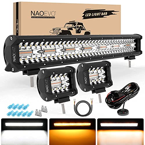 Naoevo 20" 420W Spot Flood Led Light Bar 2 Pcs 4" 120W Amber White Off Road Lighting, 3 Pin Connector Waterproof, 16 Awg Automotive Electrical Connectors 6 Kits #TOP1