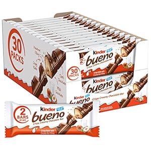 Kinder Bueno Milk Chocolate and Hazelnut Cream Candy Bar, Perfect Valentine’s Day Gifts, 30 Packs, 2 Individually…