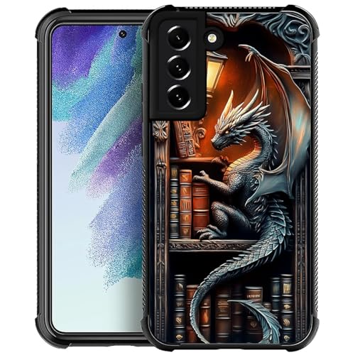 ZHEGAILIAN Case for Samsung Galaxy S21 FE | Shockproof 4 Corner Air Cushion + Soft TPU Bumper with Anti-Slip Grip & Stylish Pattern for Men Boys & Woman Girls | Black Bookish Dragon