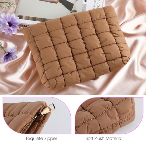 AOZUO Brown Puffy Makeup Bag, Quilted Makeup Bag Cosmetic Bag Travel Puffer Makeup Pouch Cute Toiletry Zipper Bag cared Makeup Organizer Pouch Storage Clutch for Women(Brown)