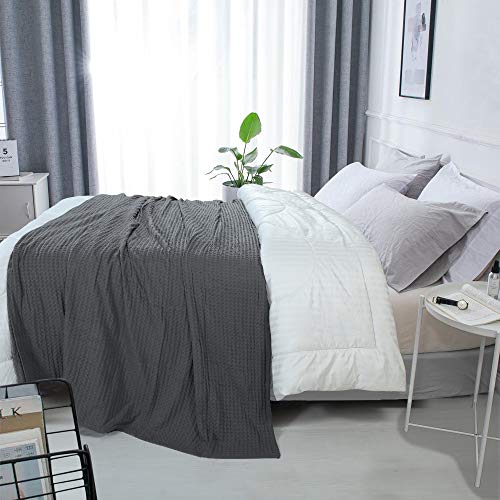 Hillfair 100% Combed Cotton Blanket– Queen Size Bed Blanket– Warm Soft All Season Breathable Lightweight Summer Blankets– Waffle Weave Home Decor Bed Blanket- Grey Queen Bed Cotton Blankets/Bedcover #TOP1