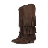 Cowgirl Boots for Women Retro Pointed Toe Pull On Block Chunky Heel Fringe Country Concert Outfits Knee High Western Suede and Faux Leather Cowboy Boots