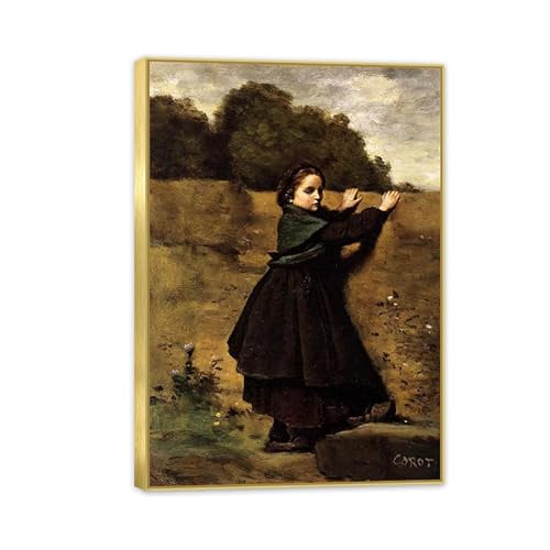 Hau3sh3a Jean Baptiste Camille Corot Wall Art The Curious Little Girl Vintage Nature Scenery Painting Reproduction Wall Decor for Living Room Bedroom Office Home Decor85x60cm(33x24in) Gold frame