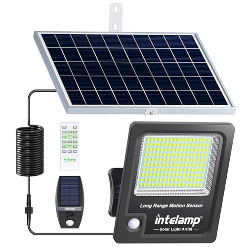 intelamp Projecteur Solaire Exterieur 3000LM 170LED avec Télécommande, 12000mAh Lampe Solaire Extérieur Détecteur de Mouvement, IP65 Étanche Éclairage Solaire（5m...