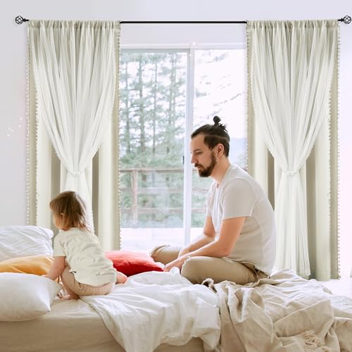 Image of Pom-Pom Blackout Curtains with Sheer Overlay for Bedroom 84 inchL Ivory Mix and Match Double Layer Blackout Curtains for Living Room Nursery Kid's Room Drapes with Tiebacks Rod Pocket 52 inch W x2 Natural