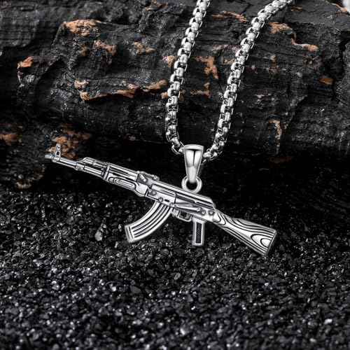 Gun Necklace 925 Sterling Silver Hip Hop AK-47 Gun Pendant Necklace for Men, w/Stainless Steel Chain 22 + 2 Inch3