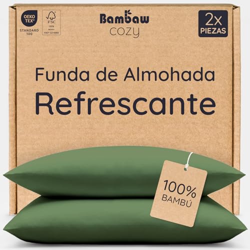 Bambaw Fundas de Almohada 75x50 cm Bambú, Pack de 2, Sabana Frio Verano, Sábanas Antiácaros, Sabanas Efecto Frio, Termicas y Antiarrugas, Fundas Almohadas Bambu 50x75 cm (Oliva)