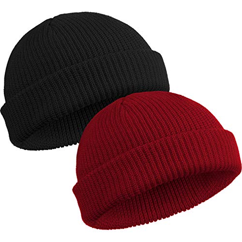 SATINIOR 2 Piezas de Gorro de Arrastre Ggorro de Reloj de Vellón Gorro de Invierno con Tapa de Calavera Enrollable Unisex (Vino Tinto, Negro)
