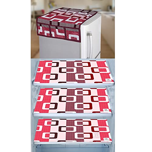 Image of Polyester 3-Layered Fridge Top Cover /Refrigerator Cover with Utility Pockets and Set of 3 Pc Fridge Mats (Color-Purple, Size-39x21 Inch)