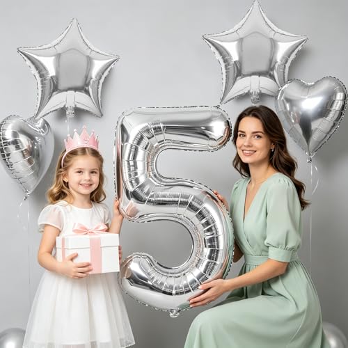 Image of TONIFUL 5th Birthday Balloons Kit 40Inch Silver Large Number 5 Foil Balloon