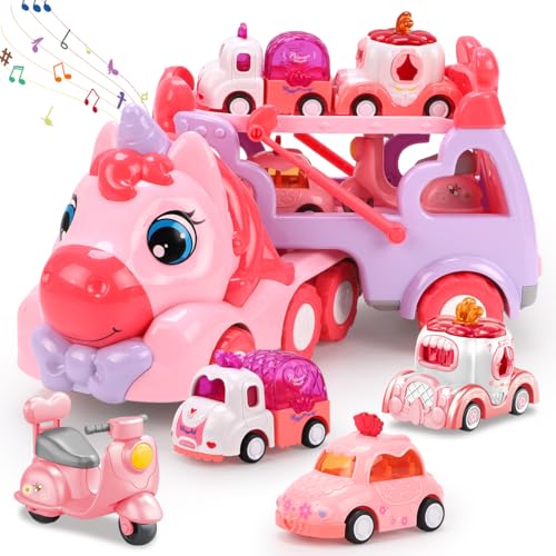 JQLM 5 IN 1 Unicorn Toy Girl Cars, Carrier Truck Toys for Girls Toddlers with Sound&Light, Birthday Christmas Toys Gifts for 2 3 4+ Year Old Baby Girls Boys Kids (Pink)