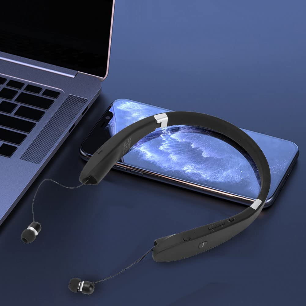 Cuffie Bluetooth 5.0, Cuffie Pieghevoli con Archetto da Collo con Auricolari Retrattili, Auricolari Stereo Wireless con Cancellazione del Rumore per Allenamento, Sport, Guida