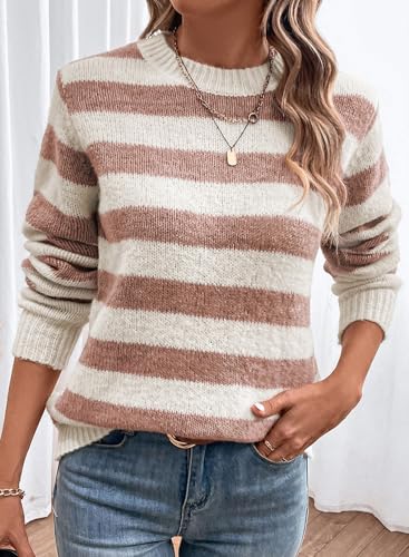 Image of Dokotoo Sweaters for Women 2026 Crewneck Striped Cute Color Block Fall Winter Knitted Pullover Tops