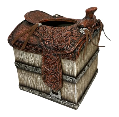 De Leon Collections 14248 Horse Saddle Brown, Tan, Silver Tone 6.9 Inch Polyresin Southwestern Rustic Distressed Decorative Tooled Home Décor Tissue Cover Holder Box