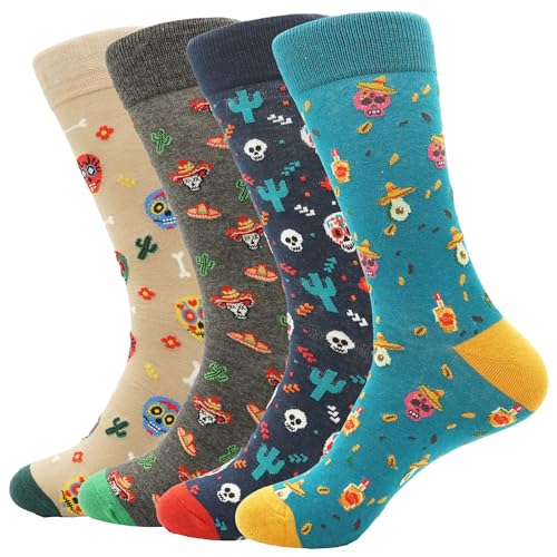 PETIBU 4 Paires Chaussettes homme motifs Catrinas mexicaines, colorées, confortables et résistantes, idée cadeau originale, 40-46