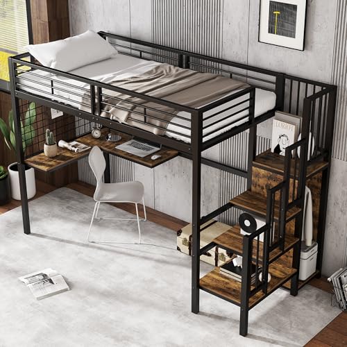 Ktipm Cama Infantil Cama Alta 90x200 cm con Escritorio y Armario, Cama Tren con Escalera y Protección Anticaída, Camas Juveniles, Estructura Metálica y Estante Madera, Sin Colchón, Negro+Nogal Oscuro