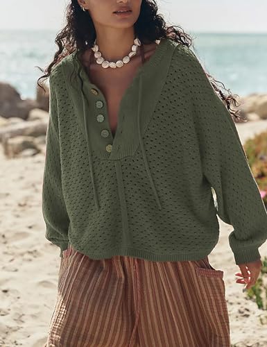 Image of Women Oversized Knit Sweatshirt Hollow Long Sleeve Button Drawstring V Neck Pullover Sweaters (Green-S)