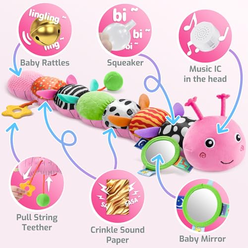 Image of Sumobaby Baby Toys 0-6 6-12 Months,Music Caterpillar Plush Toy with Baby Mirror, Pull String&Crinkle Rattle,Infant Sensory Toys,Tummy Time for 0-3-6-12 Month Boys Girls Newborn Gifts (Pink-Leaf)