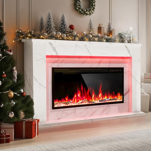 60 Inch Electric Fireplace with Mantel, Replaceable 42”Fireplace Insert Heater, 3D Realistic Log and Flame Effect, Timer, White Marble Finish for Living Room Bedroom