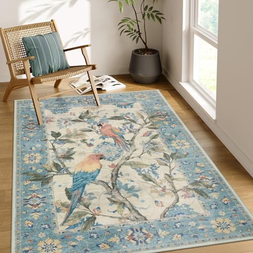 Lahome Botanical Birds 5x7 Washable Blue Living Room Rugs, Soft Non Slip Dining Room Rugs for Under Table, Boho Vintage Indoor Floor Carpet for Bedroom Home Office (5x7ft,Blue) 5' x 7' (Rect